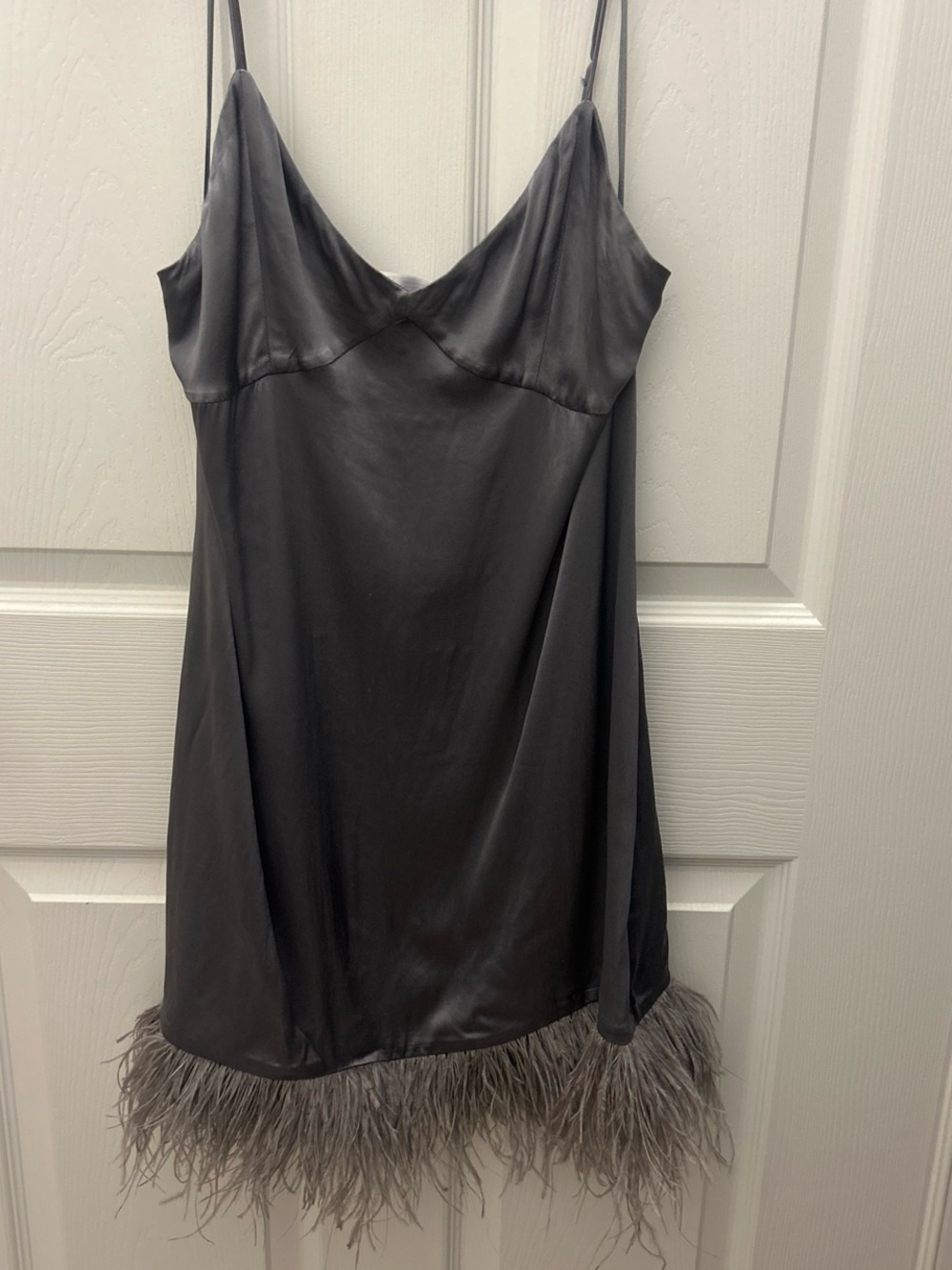 Zara Charcoal Gray Satin Slip Dress with Feather Hem
